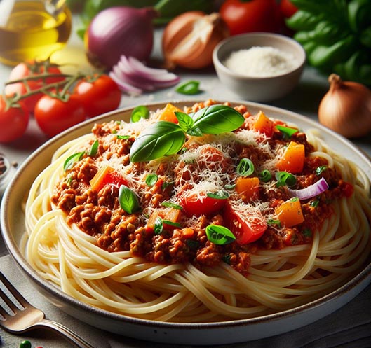 Espaguetis con salsa boloñesa y condimentos
